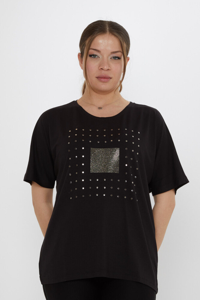 بلوزة - مزينة بالأحجار - أسود - 79603 | كازي (طقم من 4 قطع بمقاسات L-XL-2XL-3XL) - 2