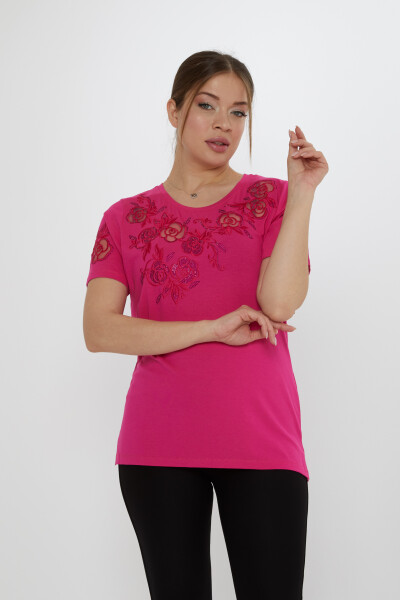 بلوزة وردية منقوشة باللون الفوشيا - 80125 | كازي (مجموعة من 3 مقاسات M-L-XL) - Kazee