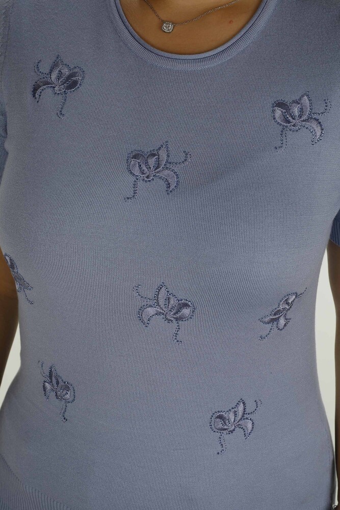 Bisiklet Yaka Kısa Kollu Taşlı Nakışlı Triko Mavi - 30922 | KAZEE - 4