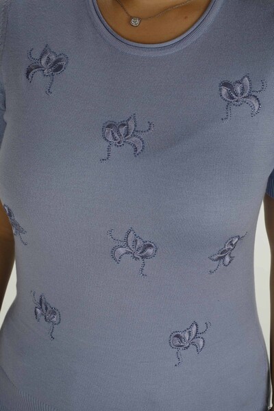 Bisiklet Yaka Kısa Kollu Taşlı Nakışlı Triko Mavi - 30922 | KAZEE - 4