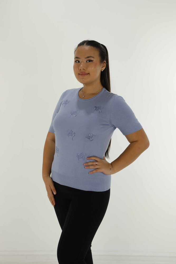 Bisiklet Yaka Kısa Kollu Taşlı Nakışlı Triko Mavi - 30922 | KAZEE - 1