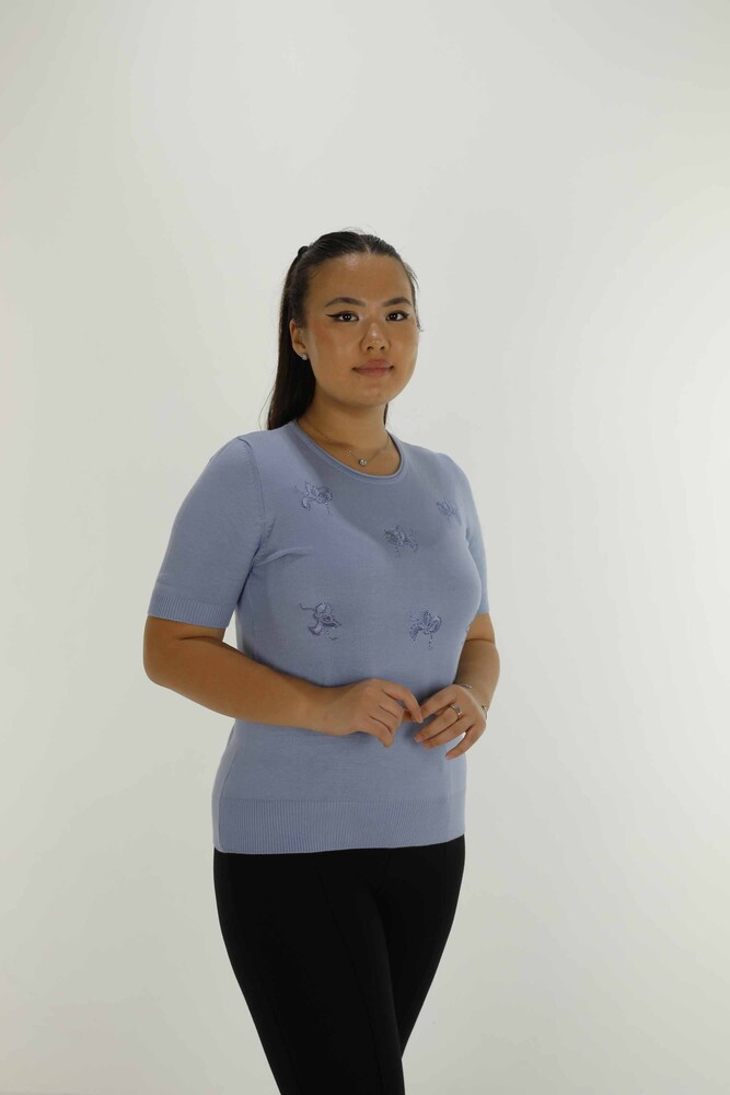 Bisiklet Yaka Kısa Kollu Taşlı Nakışlı Triko Mavi - 30922 | KAZEE - 2