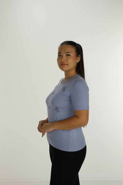 Bisiklet Yaka Kısa Kollu Taşlı Nakışlı Triko Mavi - 30922 | KAZEE - 3