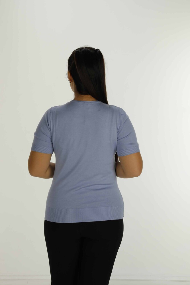 Bisiklet Yaka Kısa Kollu Taşlı Nakışlı Triko Mavi - 30922 | KAZEE - 5
