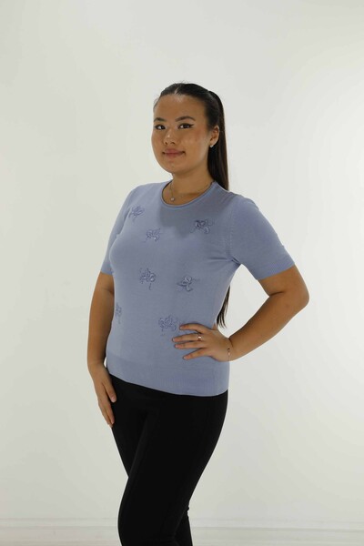 Bisiklet Yaka Kısa Kollu Taşlı Nakışlı Triko Mavi - 30922 | KAZEE 