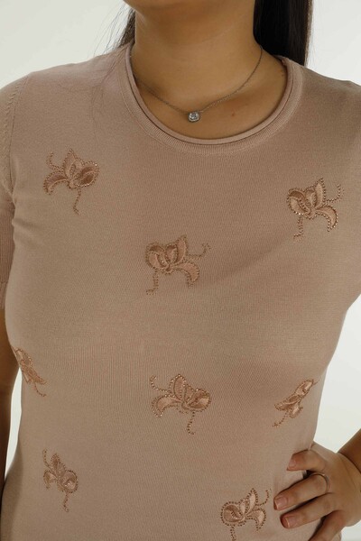 Bisiklet Yaka Kısa Kollu Taşlı Nakışlı Triko Pudra - 30922 | KAZEE - 4