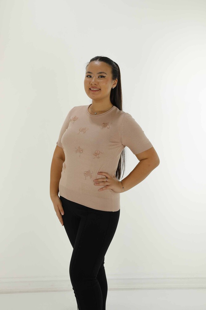 Bisiklet Yaka Kısa Kollu Taşlı Nakışlı Triko Pudra - 30922 | KAZEE - 1
