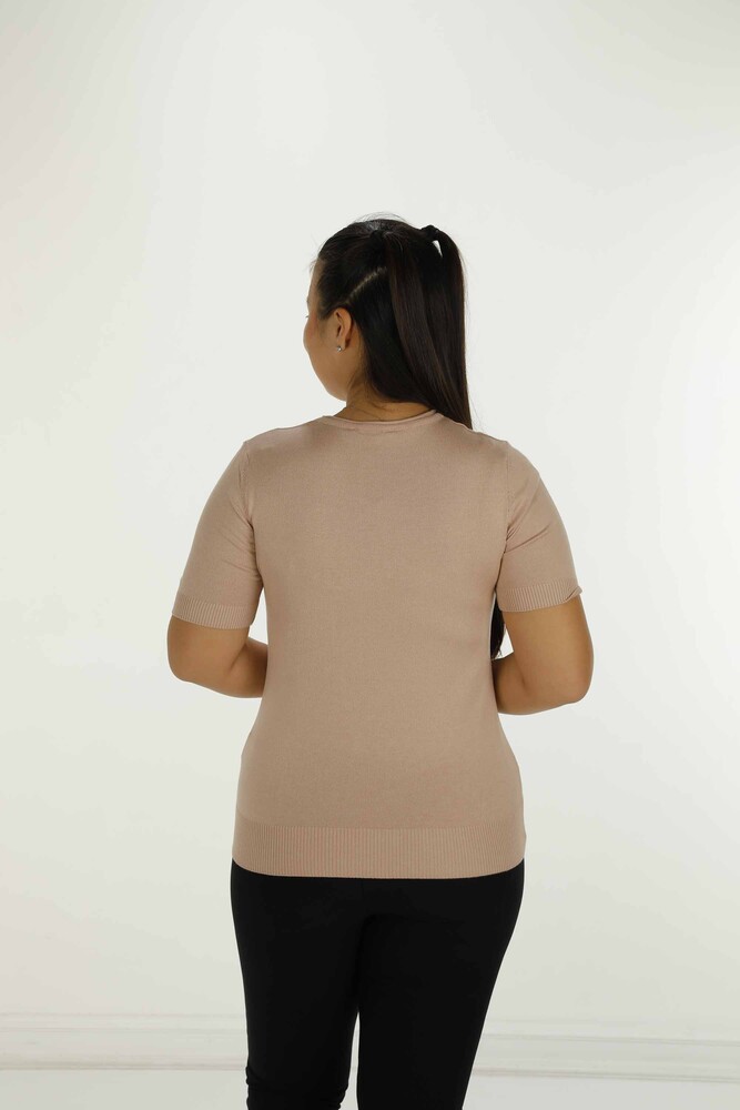 Bisiklet Yaka Kısa Kollu Taşlı Nakışlı Triko Pudra - 30922 | KAZEE - 5