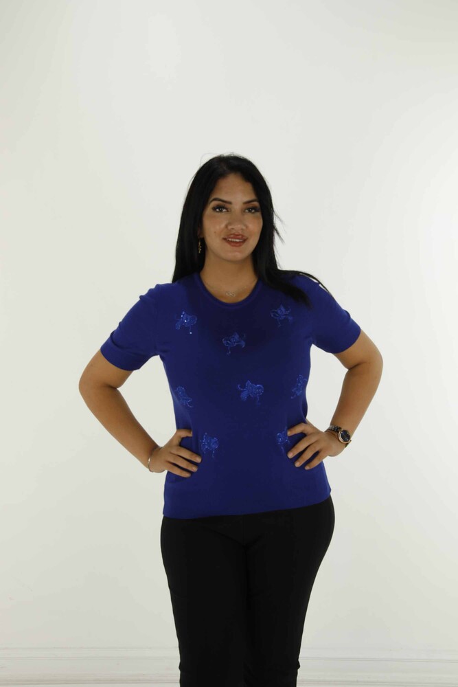 Bisiklet Yaka Kısa Kollu Taşlı Nakışlı Triko Saks - 30922 | KAZEE - 1