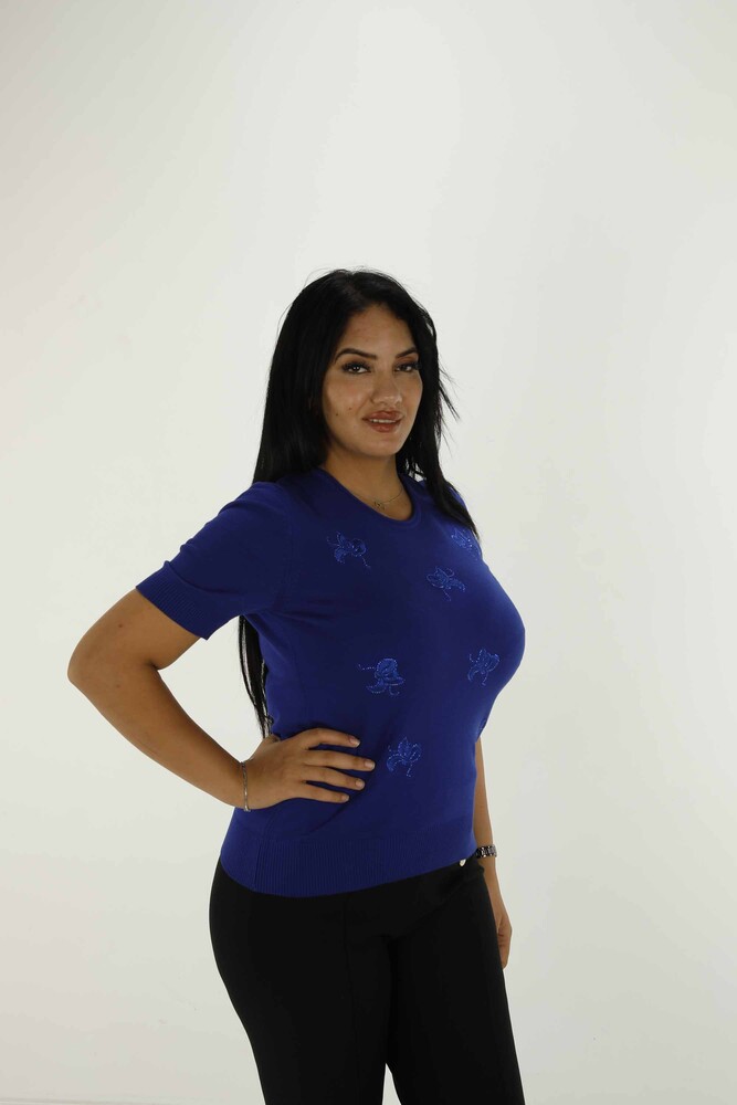 Bisiklet Yaka Kısa Kollu Taşlı Nakışlı Triko Saks - 30922 | KAZEE - 2