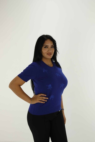 Bisiklet Yaka Kısa Kollu Taşlı Nakışlı Triko Saks - 30922 | KAZEE - 2