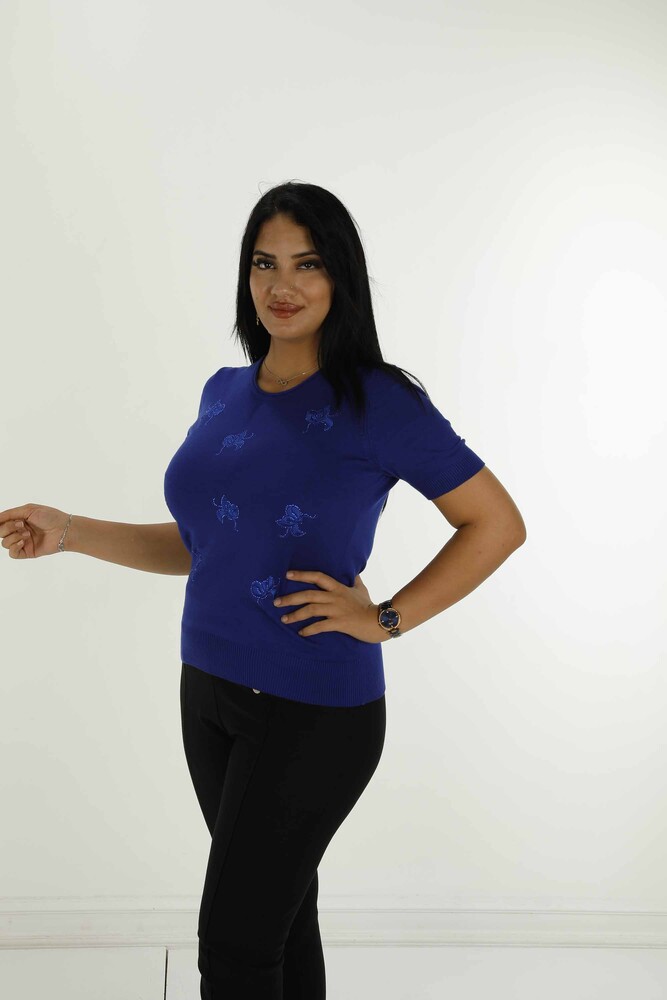 Bisiklet Yaka Kısa Kollu Taşlı Nakışlı Triko Saks - 30922 | KAZEE - 3