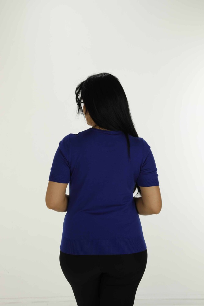 Bisiklet Yaka Kısa Kollu Taşlı Nakışlı Triko Saks - 30922 | KAZEE - 5