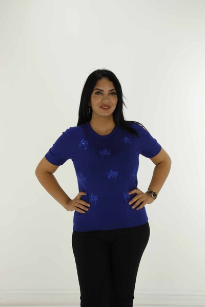 Bisiklet Yaka Kısa Kollu Taşlı Nakışlı Triko Saks - 30922 | KAZEE - 1