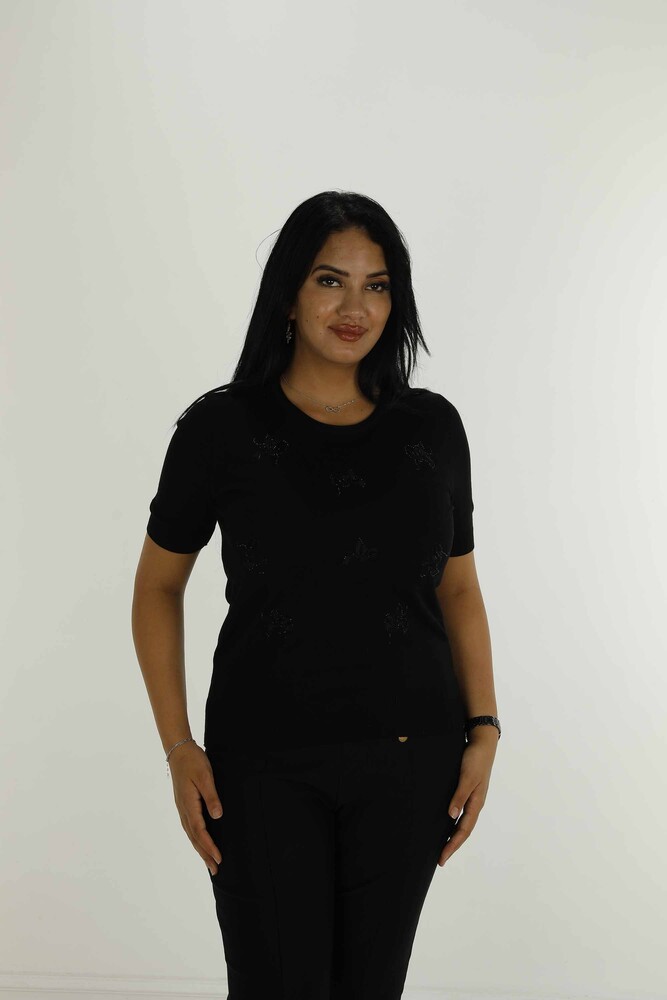 Bisiklet Yaka Kısa Kollu Taşlı Nakışlı Triko Siyah - 30922 | KAZEE - 1