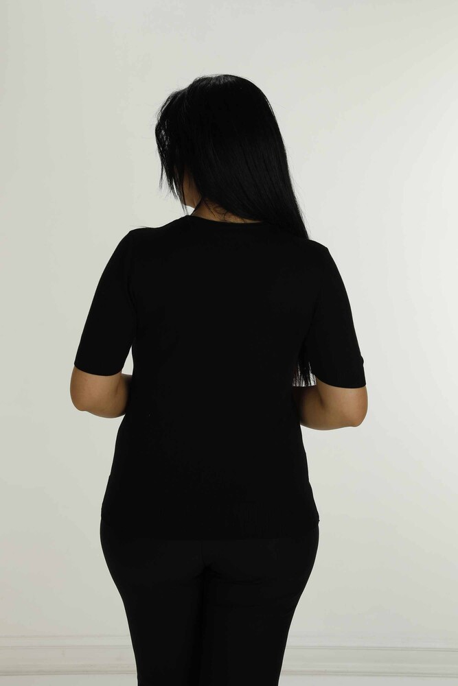 Bisiklet Yaka Kısa Kollu Taşlı Nakışlı Triko Siyah - 30922 | KAZEE - 5