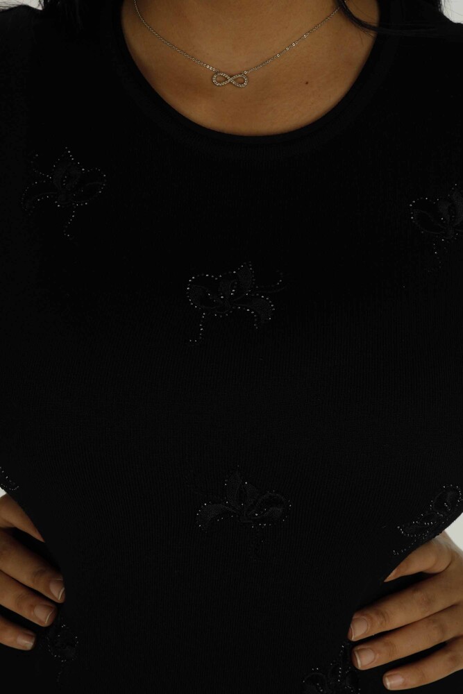 Bisiklet Yaka Kısa Kollu Taşlı Nakışlı Triko Siyah - 30922 | KAZEE - 4