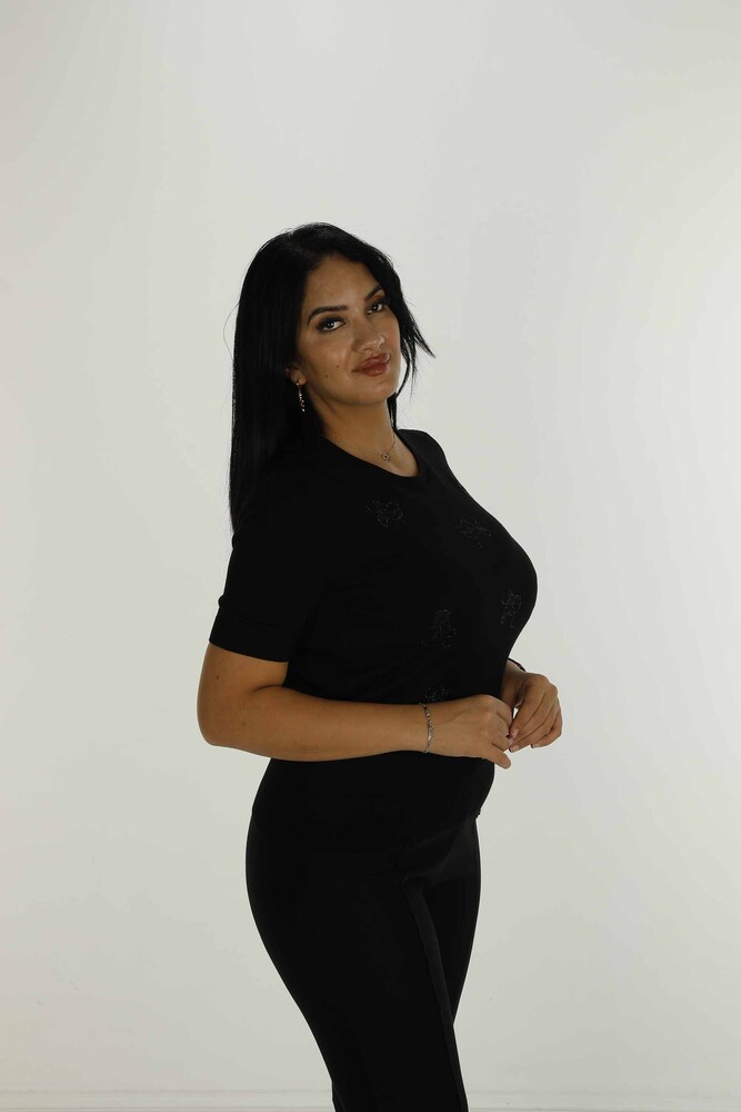 Bisiklet Yaka Kısa Kollu Taşlı Nakışlı Triko Siyah - 30922 | KAZEE - 2