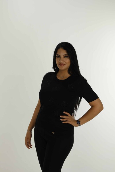 Bisiklet Yaka Kısa Kollu Taşlı Nakışlı Triko Siyah - 30922 | KAZEE - 3