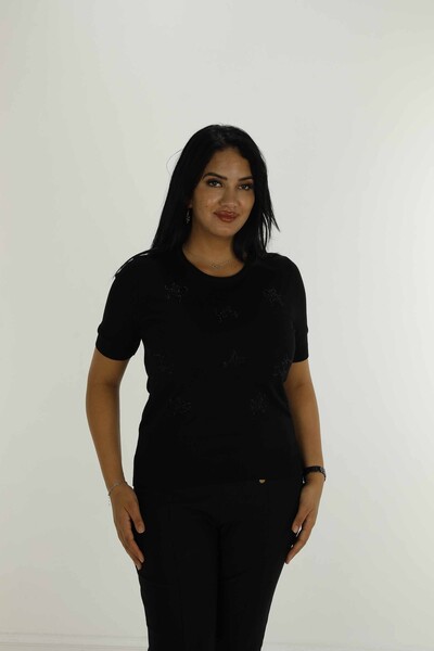 Bisiklet Yaka Kısa Kollu Taşlı Nakışlı Triko Siyah - 30922 | KAZEE 