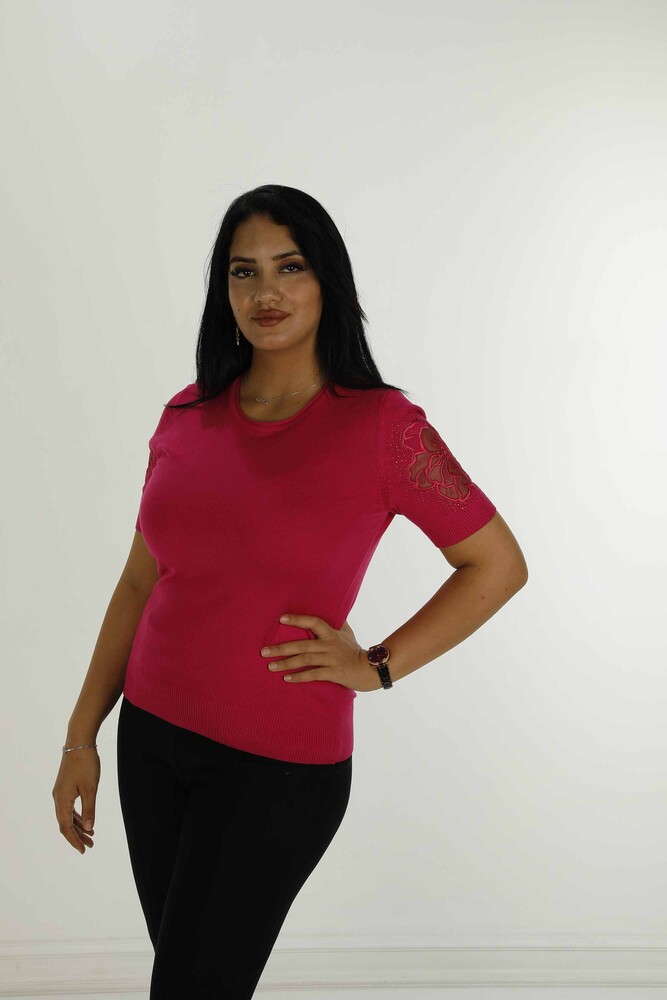 Bisiklet Yaka Kısa Kollu Taşlı Tüllü Triko Fuşya - 30927 | KAZEE - 1