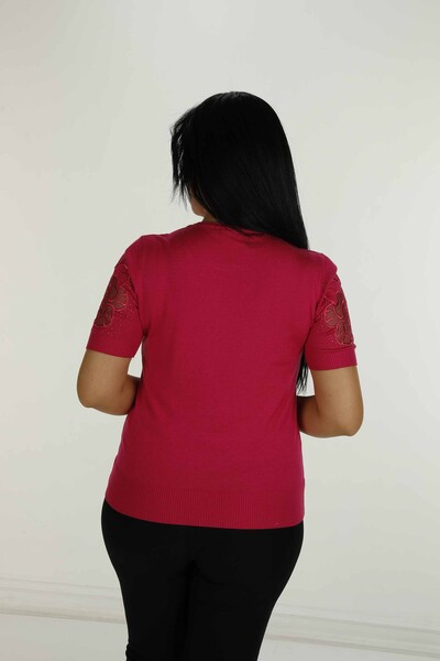 Bisiklet Yaka Kısa Kollu Taşlı Tüllü Triko Fuşya - 30927 | KAZEE - 2