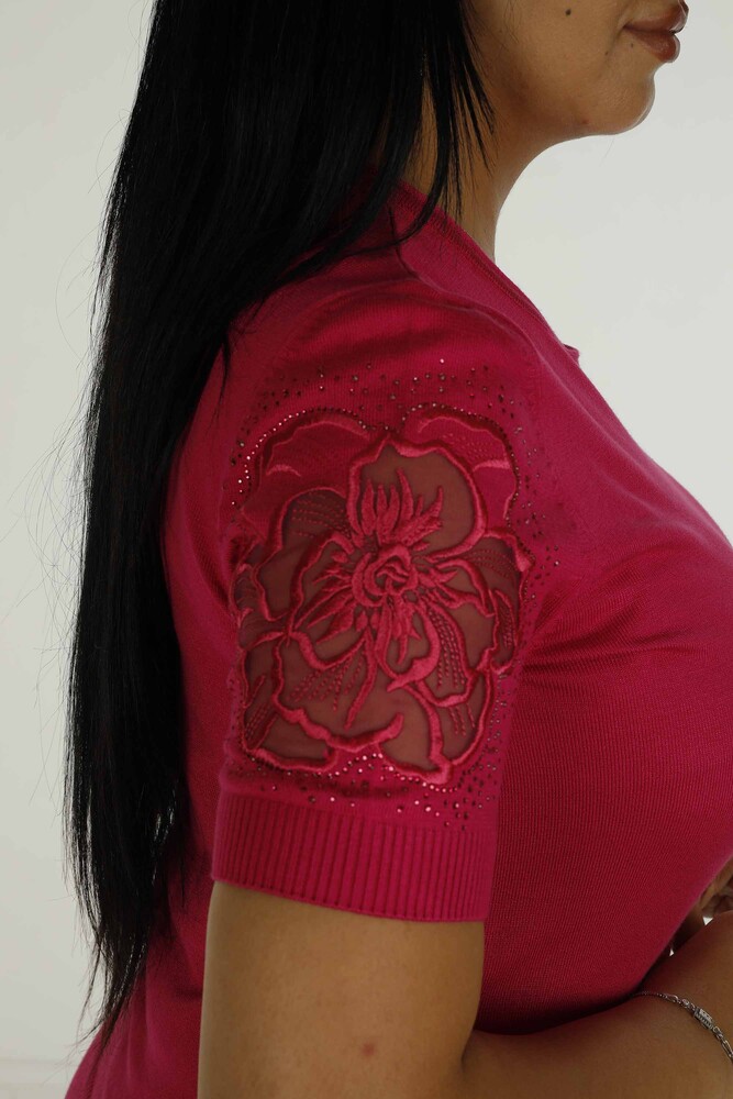Bisiklet Yaka Kısa Kollu Taşlı Tüllü Triko Fuşya - 30927 | KAZEE - 4