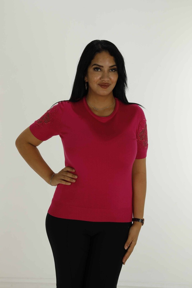 Bisiklet Yaka Kısa Kollu Taşlı Tüllü Triko Fuşya - 30927 | KAZEE - 3