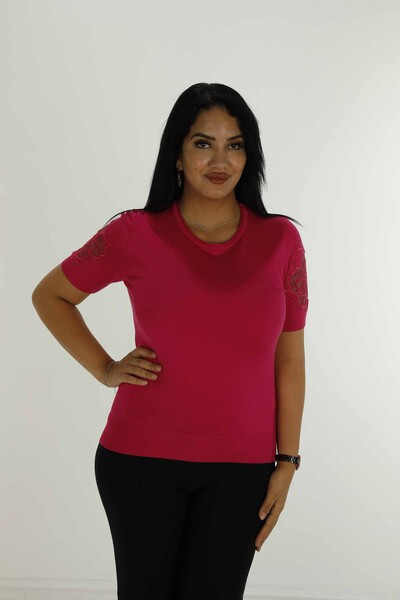 Bisiklet Yaka Kısa Kollu Taşlı Tüllü Triko Fuşya - 30927 | KAZEE - 3