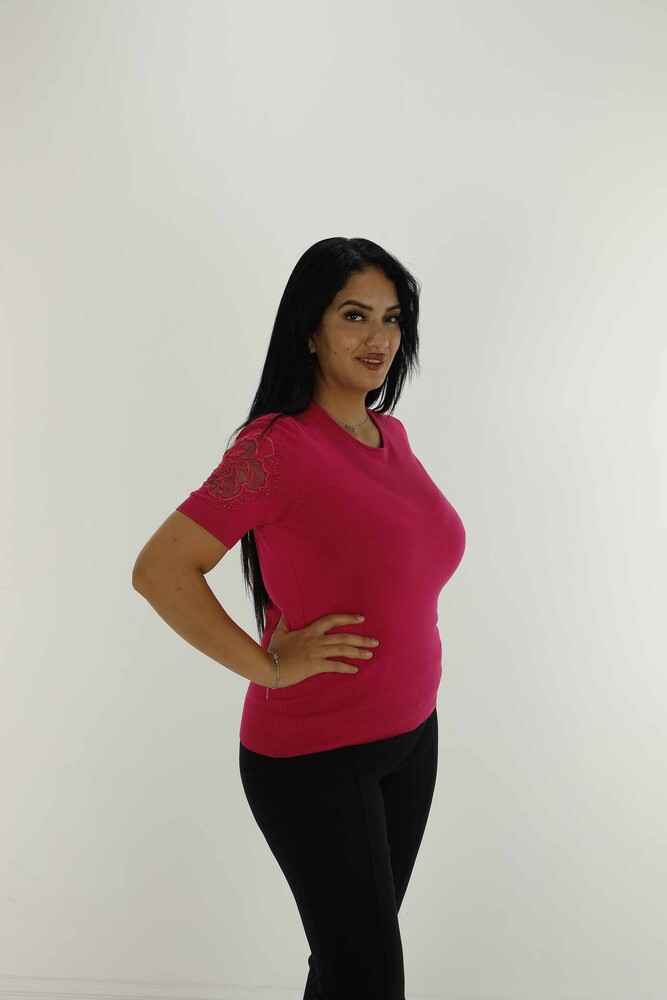 Bisiklet Yaka Kısa Kollu Taşlı Tüllü Triko Fuşya - 30927 | KAZEE - 5