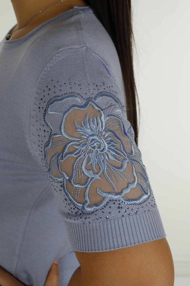 Bisiklet Yaka Kısa Kollu Taşlı Tüllü Triko Mavi - 30927 | KAZEE - 4