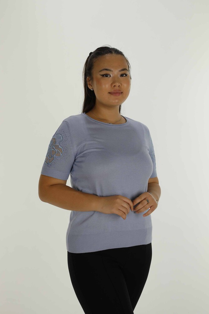 Bisiklet Yaka Kısa Kollu Taşlı Tüllü Triko Mavi - 30927 | KAZEE - 2