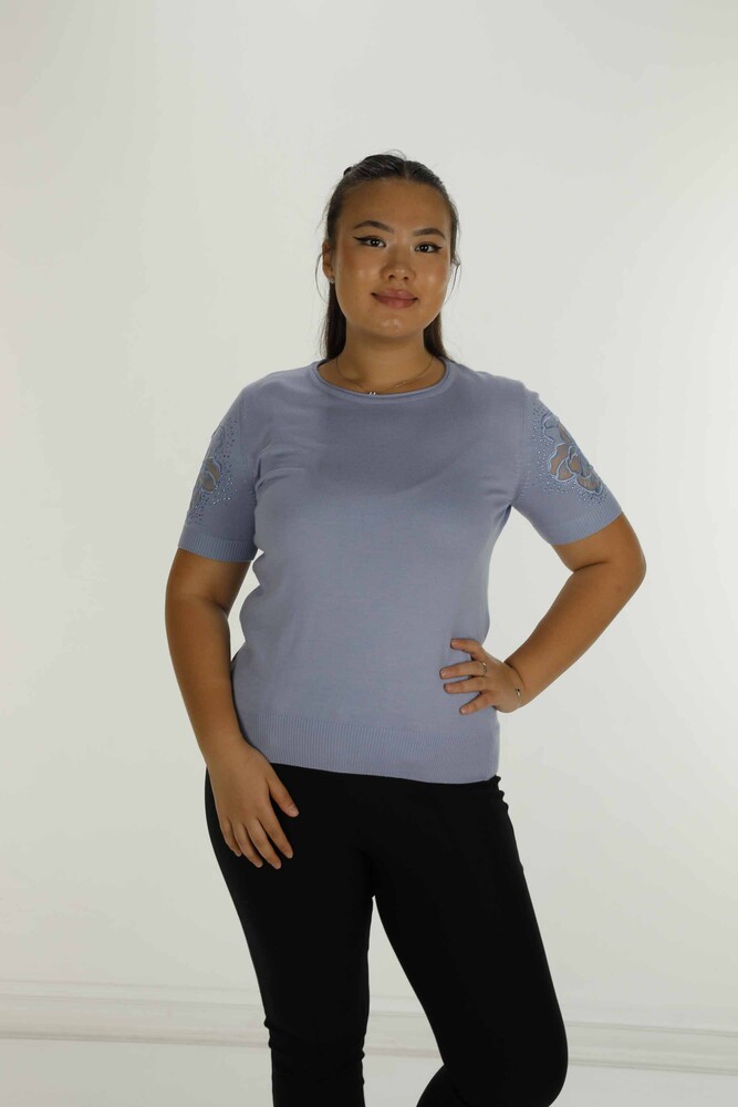 Bisiklet Yaka Kısa Kollu Taşlı Tüllü Triko Mavi - 30927 | KAZEE - 3