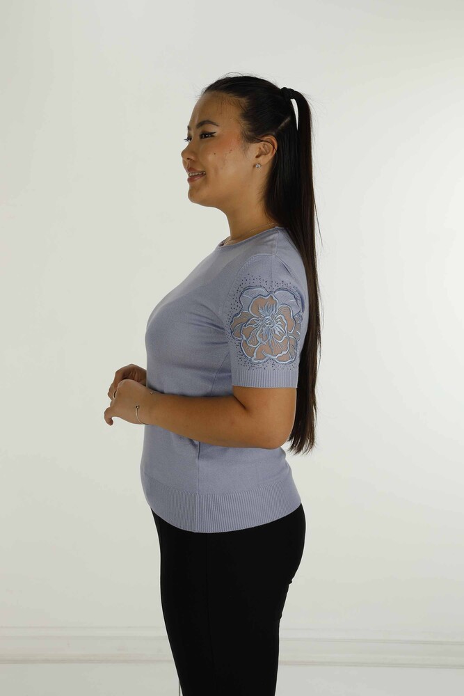 Bisiklet Yaka Kısa Kollu Taşlı Tüllü Triko Mavi - 30927 | KAZEE - 5