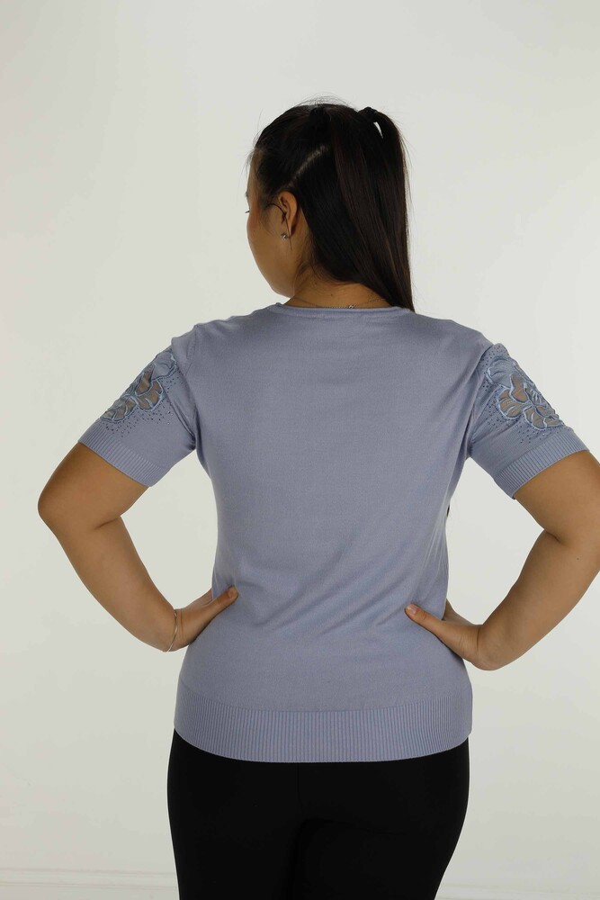 Bisiklet Yaka Kısa Kollu Taşlı Tüllü Triko Mavi - 30927 | KAZEE - 6
