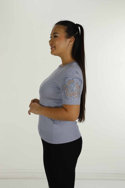 Bisiklet Yaka Kısa Kollu Taşlı Tüllü Triko Mavi - 30927 | KAZEE - 5