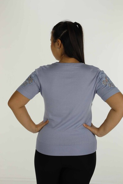 Bisiklet Yaka Kısa Kollu Taşlı Tüllü Triko Mavi - 30927 | KAZEE - 6