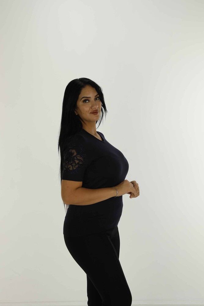 Bisiklet Yaka Kısa Kollu Taşlı Tüllü Triko Siyah - 30927 | KAZEE - 2