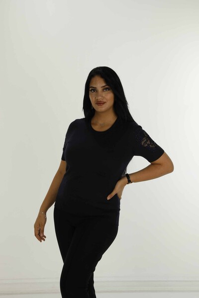 Bisiklet Yaka Kısa Kollu Taşlı Tüllü Triko Siyah - 30927 | KAZEE - 3