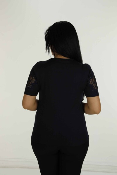 Bisiklet Yaka Kısa Kollu Taşlı Tüllü Triko Siyah - 30927 | KAZEE - 5