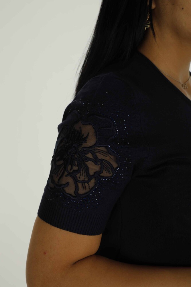 Bisiklet Yaka Kısa Kollu Taşlı Tüllü Triko Siyah - 30927 | KAZEE - 4