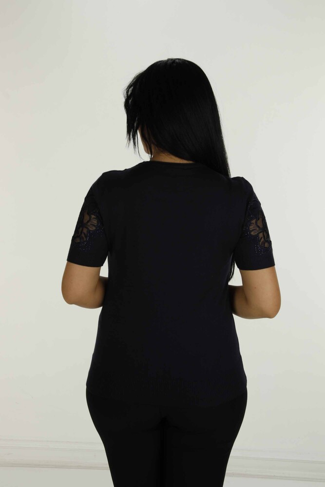 Bisiklet Yaka Kısa Kollu Taşlı Tüllü Triko Siyah - 30927 | KAZEE - 5