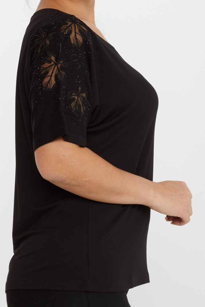 Blouse Feuille Brodée Pierre Brodée Manches Courtes Noir - 79888 | KAZEE (Lot de 4 M-L-XL-2XL) - 4