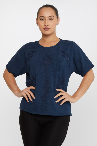 Blouse Feuille Brodée Pierre Brodée Manches Courtes Bleu Marine - 79993 | KAZEE (Lot de 3 M-L-XL) - 1