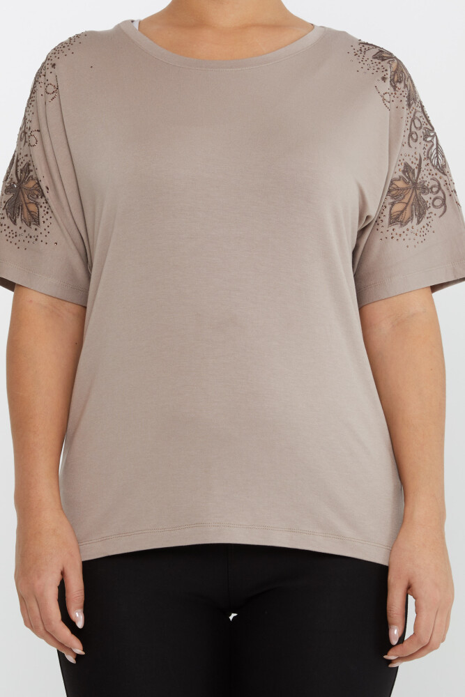 Blouse Feuille Brodée Pierre Brodée Manches Courtes Vison - 79888 | KAZEE (Lot de 4 M-L-XL-2XL) - 3