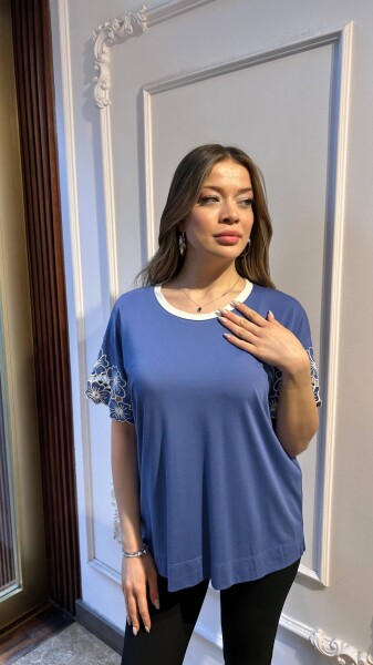 Blouse with Floral Detail Indigo - 80004 | KAZEE (3-Piece Set M-L-XL) - Kazee (1)