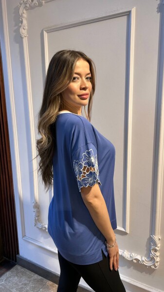 Blouse with Floral Detail Indigo - 80004 | KAZEE (3-Piece Set M-L-XL) - 4