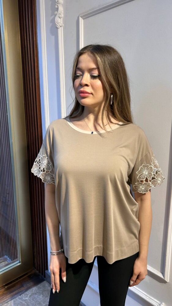 Blouse with Floral Detail Beige - 80004 | KAZEE (3-Piece Set M-L-XL) - 2