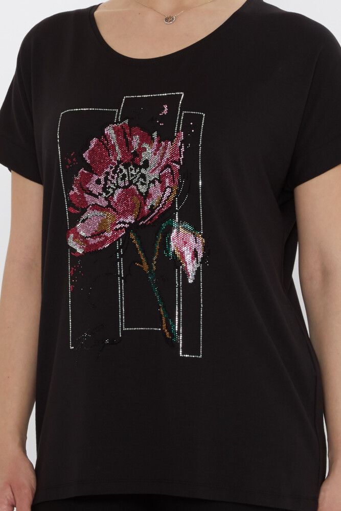 Blouse - Floral Stone Embellished - Black - 79602 | KAZEE (Set of 4 M-L-XL-2XL) - 4