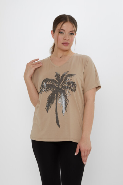 Blouse - Palm Tree Pattern - Beige - 79957 | KAZEE (Set of 4 S-M-L-XL) - 2